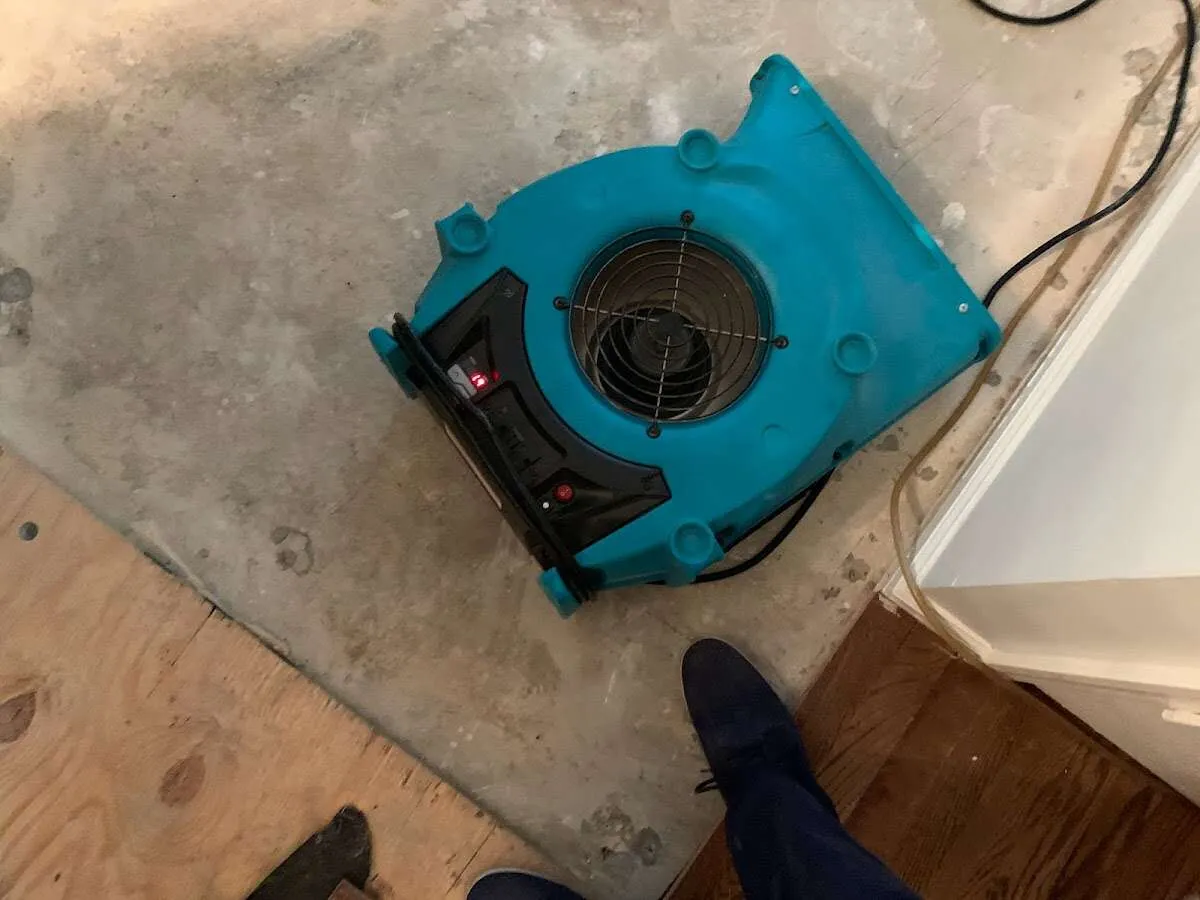 Air mover drying subfloor during Leak Detection & Repair in Union City